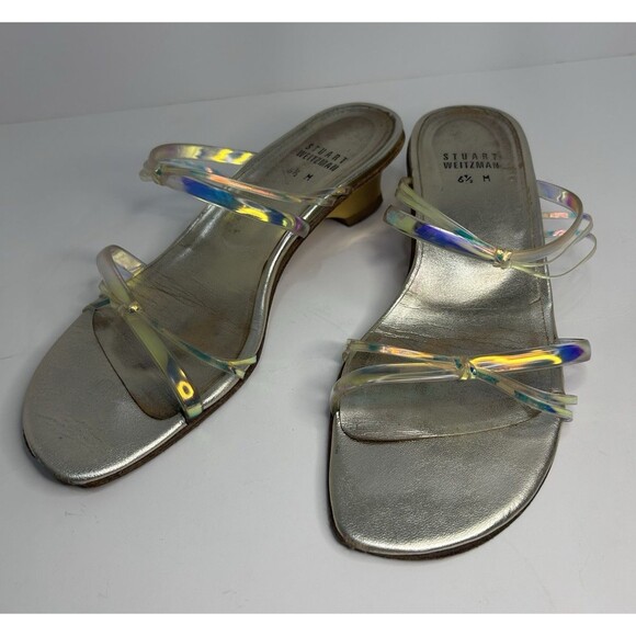 Stuart Weitzman Women’s 6 1/2 Gold Colored Hologram Sandals Gold Strap Heel - Picture 3 of 8